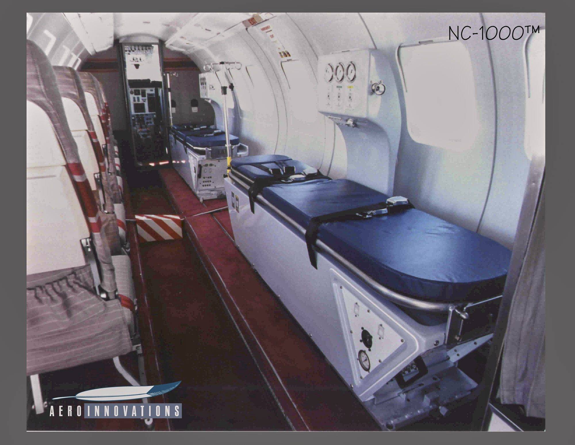 The interior of an aircraft showing air ambulance conversions designed by Kevin G. Saunders.
