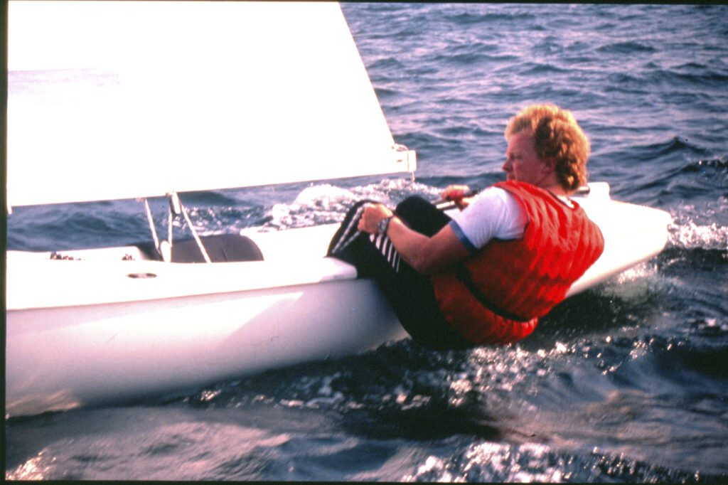 Kevin G. Saunders sailing a Finn class sailboat during his Olympic campaign in 1989.
