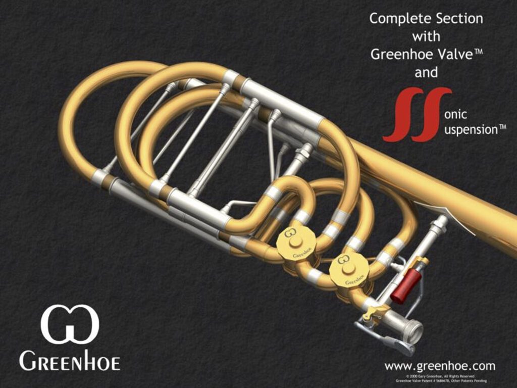 A 3D industrial design rendering of a Greenhoe trombone valve section designed by Kevin G. Saunders.
