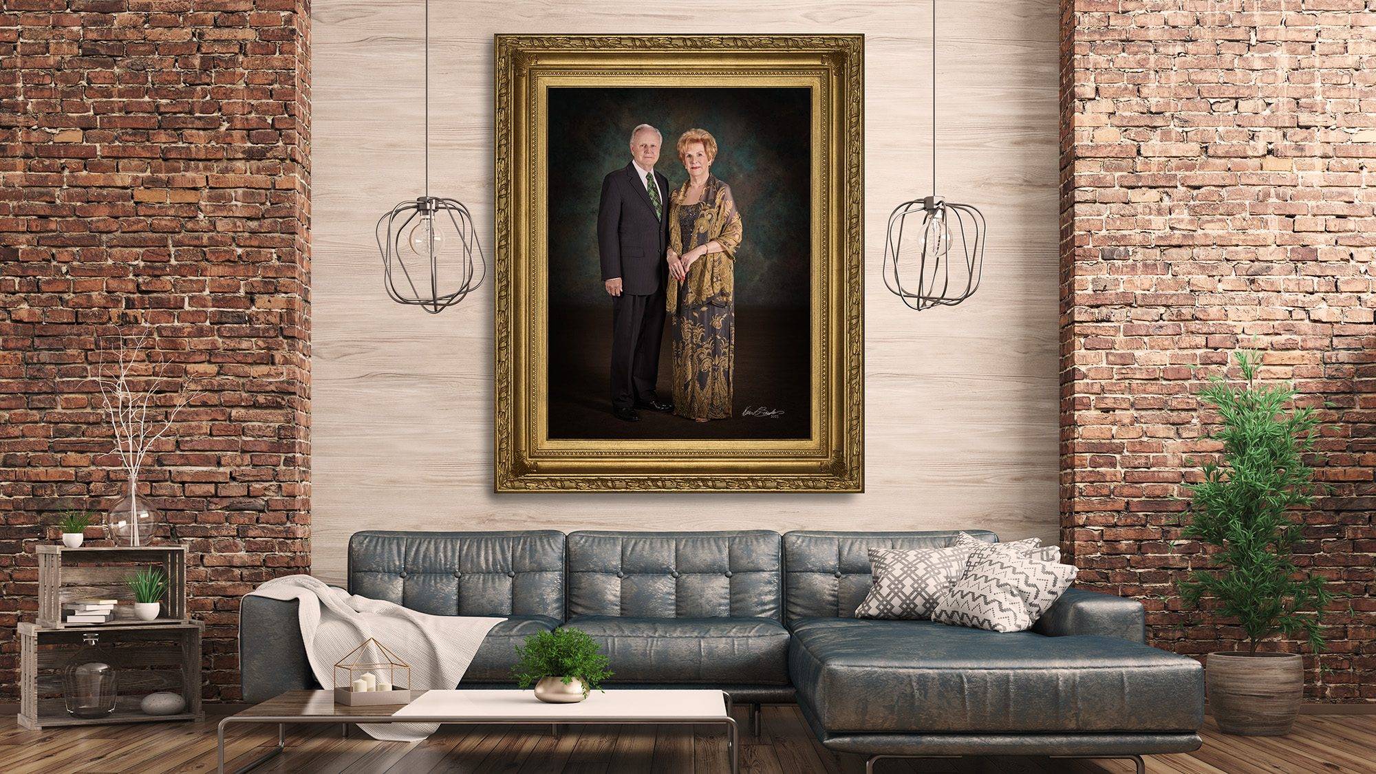 Signature Portraits KGS Studios Signature Portrait of a notable South Texas couple, displayed as fine art above a fireplace in a modern luxury living room.