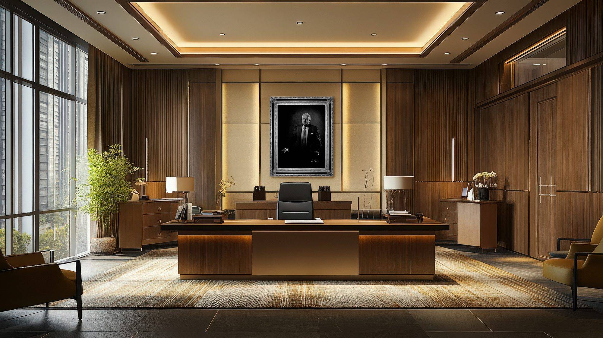 KGS Studios monochrome portrait of a senior chairman, displayed as the centerpiece in a classic, high-end executive office.
