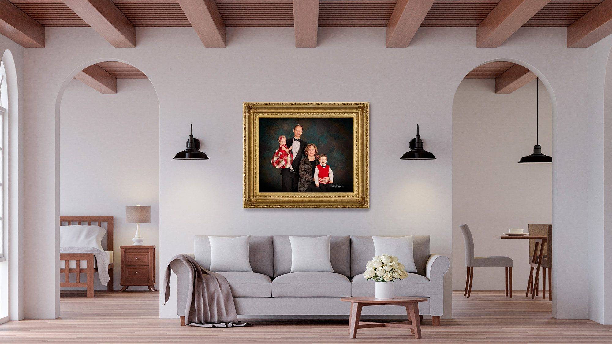 KGS Studios Family Legacy Portrait of a young family with two small children in formal attire, presented as a museum-quality art piece in a rustic modern home
