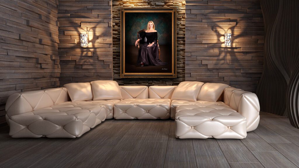 KGS Studios Red Carpet portrait of an elegant woman seated in a formal gown, hung as fine art in a modern room with textured stone walls.