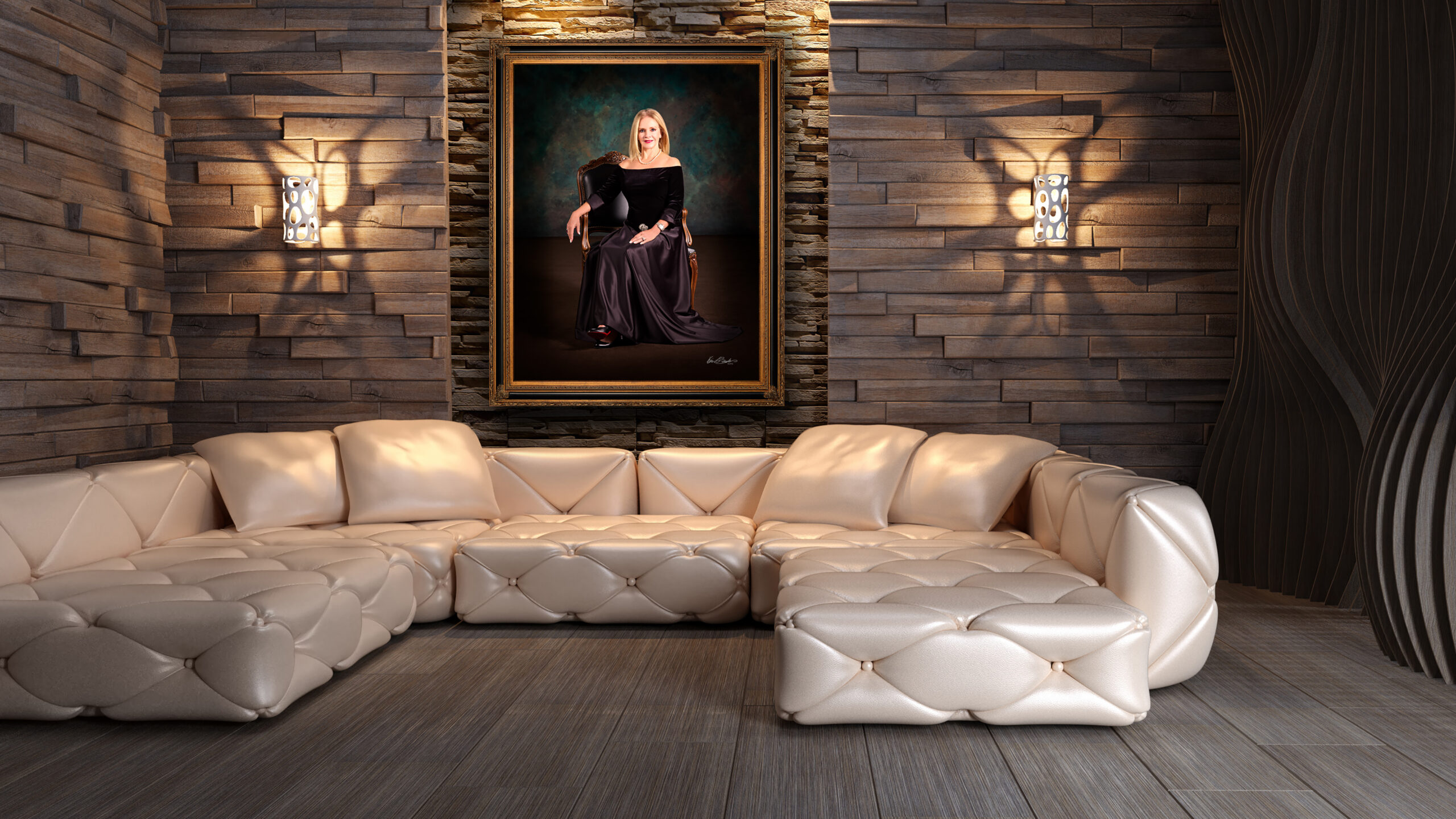 KGS Studios Red Carpet portrait of an elegant woman seated in a formal gown, hung as fine art in a modern room with textured stone walls.
