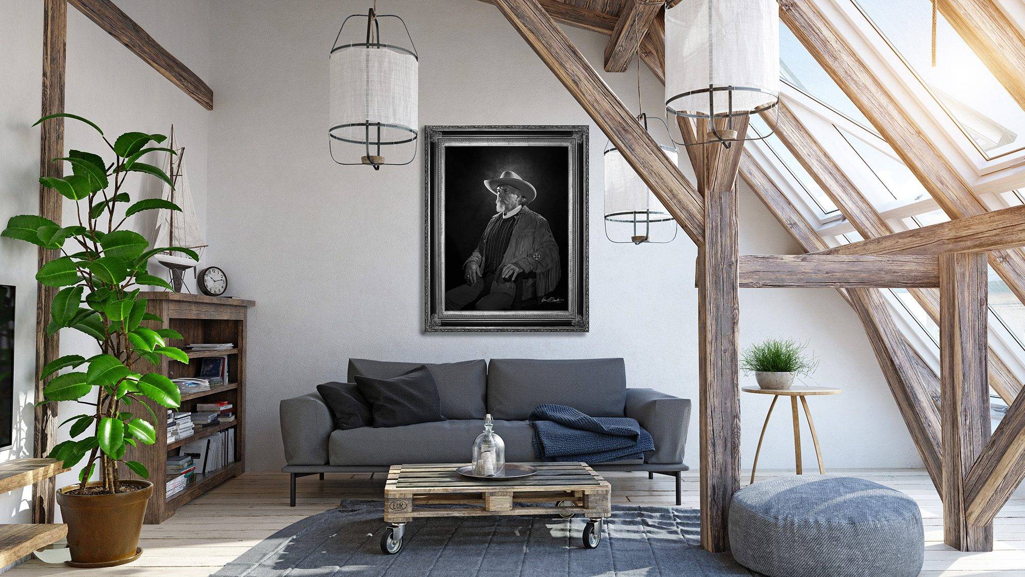 Signature Portraits Monochrome KGS Studios portrait of a Texas man in a cowboy hat, hung as fine art in a rustic, sunlit loft with wood beams.