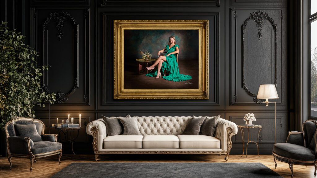 KGS Studios Red Carpet commission portrait of an elegant woman in a formal gown, displayed as a fine art piece in a luxurious room setting.