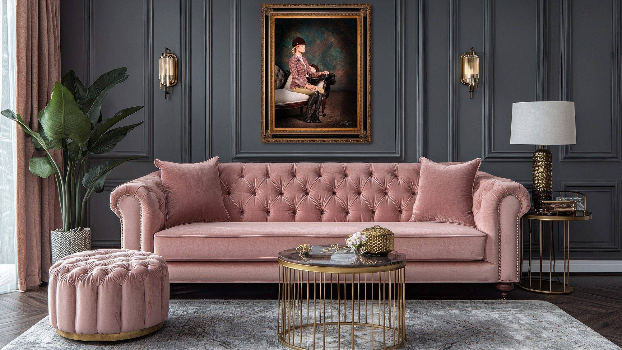 Signature Portraits KGS Studios Signature Portrait of a woman in elegant equestrian attire, displayed as fine art in a luxurious room setting.
