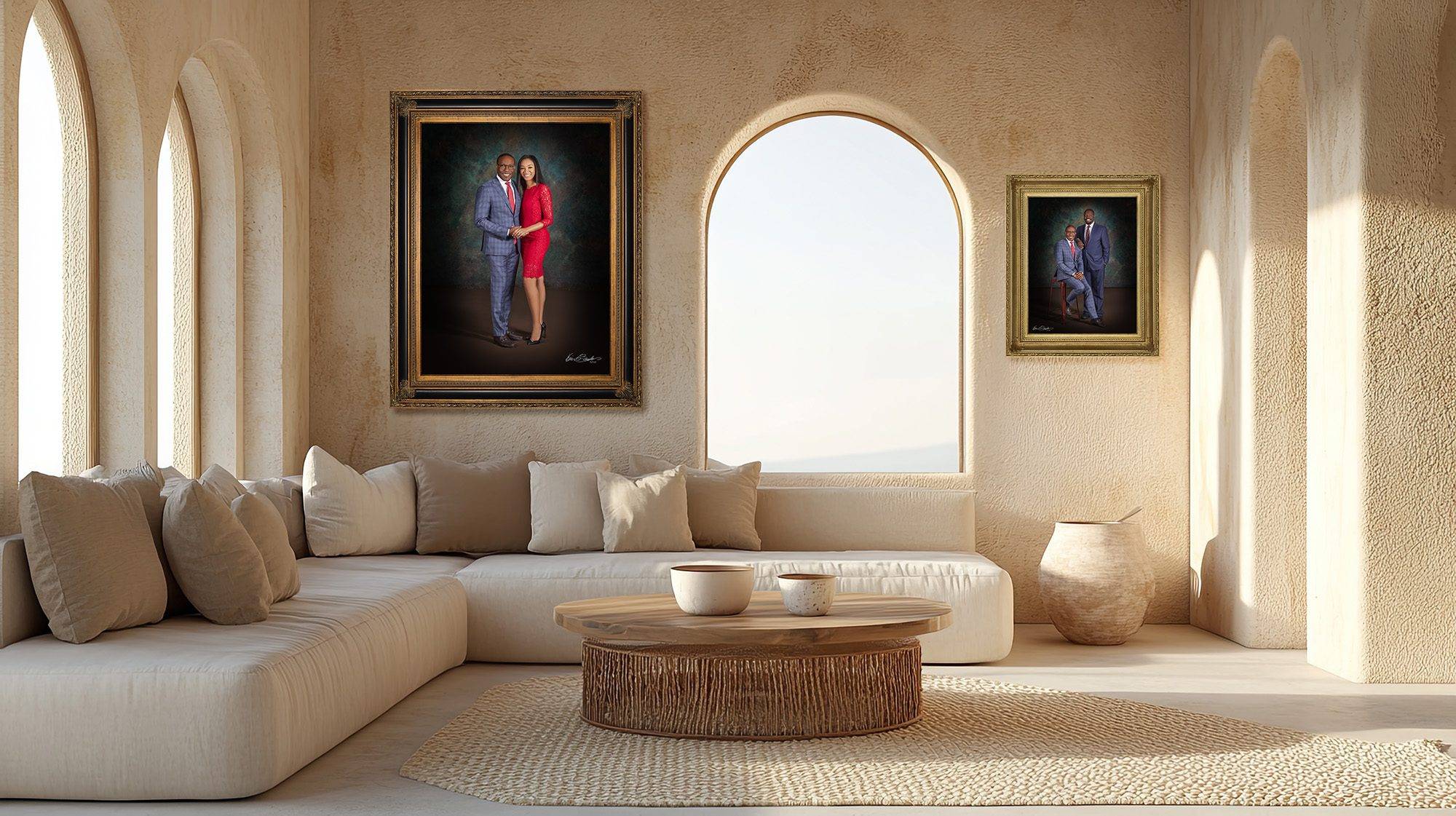Signature Portraits A collection of KGS Studios signature portraits, featuring a couple and two brothers, displayed as fine art in a modern, elegant living room.