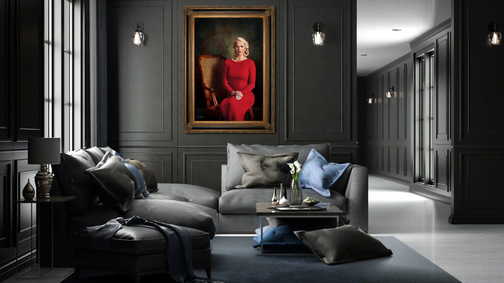Elegant KGS Studios signature portrait of a woman in a red dress, displayed as a centerpiece in a sophisticated dark-paneled room.