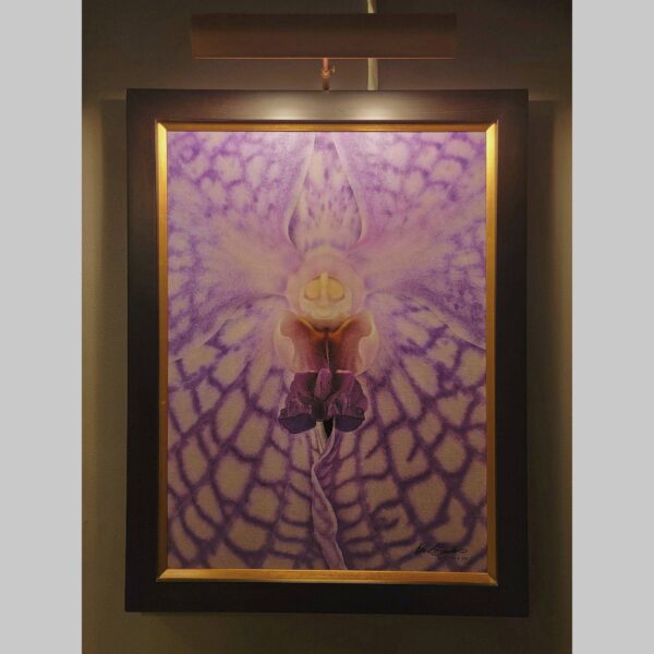 Framed Orchid Study - Documentation - 49 Photographic documentation of a physical, museum-grade orchid study and custom frame by Kevin G. Saunders. This close-up capture verifies the material texture and depth of the manual artistry produced at 107 Blue Star. Physical reality asset; not a digital mockup.
