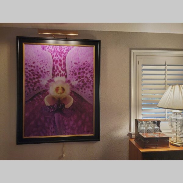 Framed Orchid Study - Documentation - 73 Photographic documentation of a physical, museum-grade orchid study and custom frame by Kevin G. Saunders. This close-up capture verifies the material texture and depth of the manual artistry produced at 107 Blue Star. Physical reality asset; not a digital mockup.