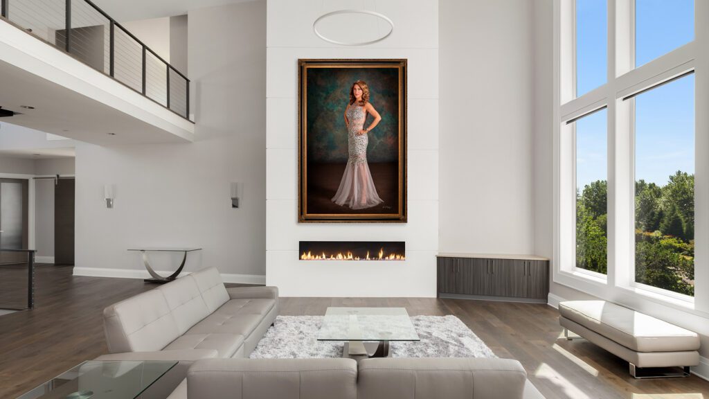 The 'Madame Tex' masterpiece portrait by Kevin G. Saunders displayed in a luxury living room, serving as the hero image for KGS Studios.