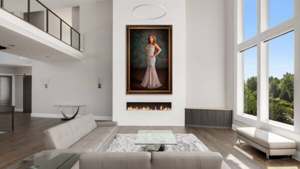 kgs-homepage-madame-tex-hero The 'Madame Tex' masterpiece portrait by Kevin G. Saunders displayed in a luxury living room, serving as the hero image for KGS Studios.