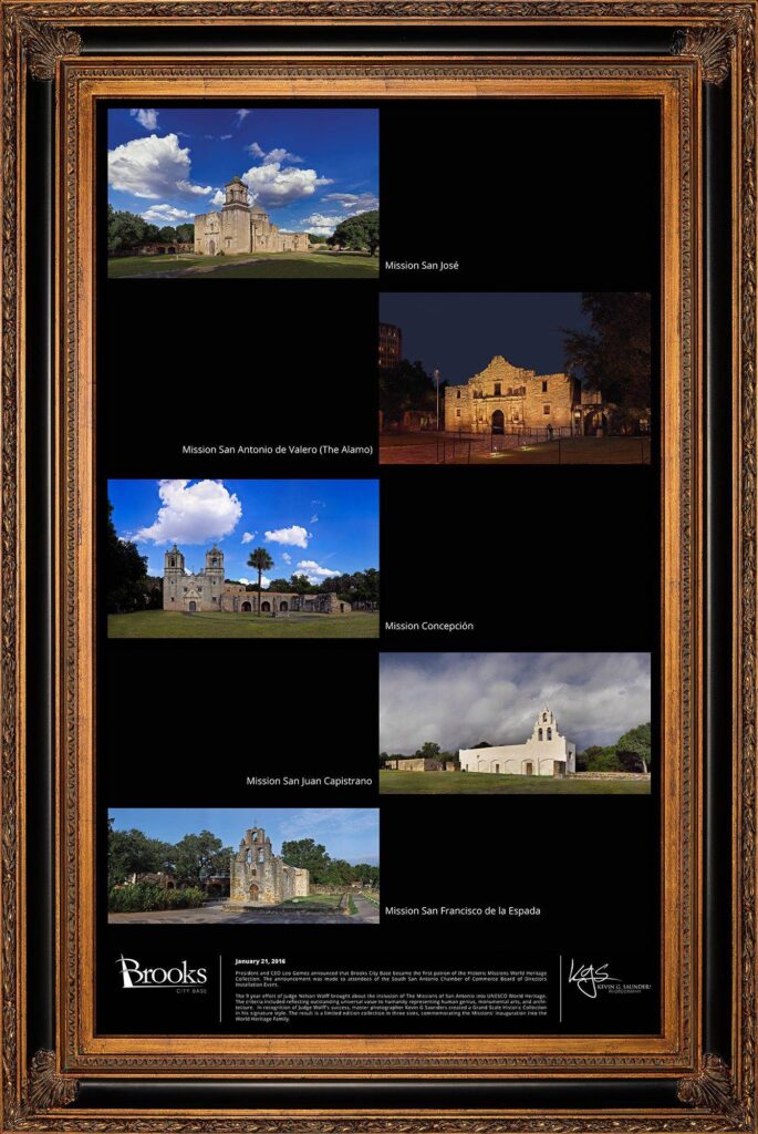 The Turning Point: An Archive of the World Heritage Missions Framed 40x66 commemorative art piece for the KGS Studios San Antonio Missions World Heritage Collection, showing all five mission images.