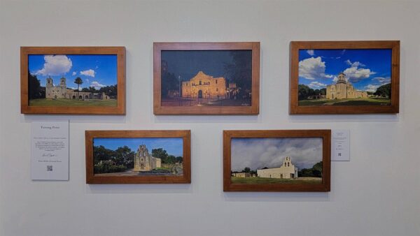 The Complete KGS World Heritage Missions Collection - Framed Set The complete set of five framed Mission prints by Kevin G. Saunders, displayed on a gallery wall.