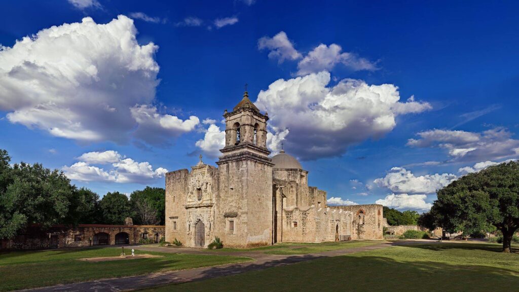 Grand scale hyperrealistic print of Mission San José in San Antonio, part of the KGS Studios UNESCO World Heritage Art Collection.
