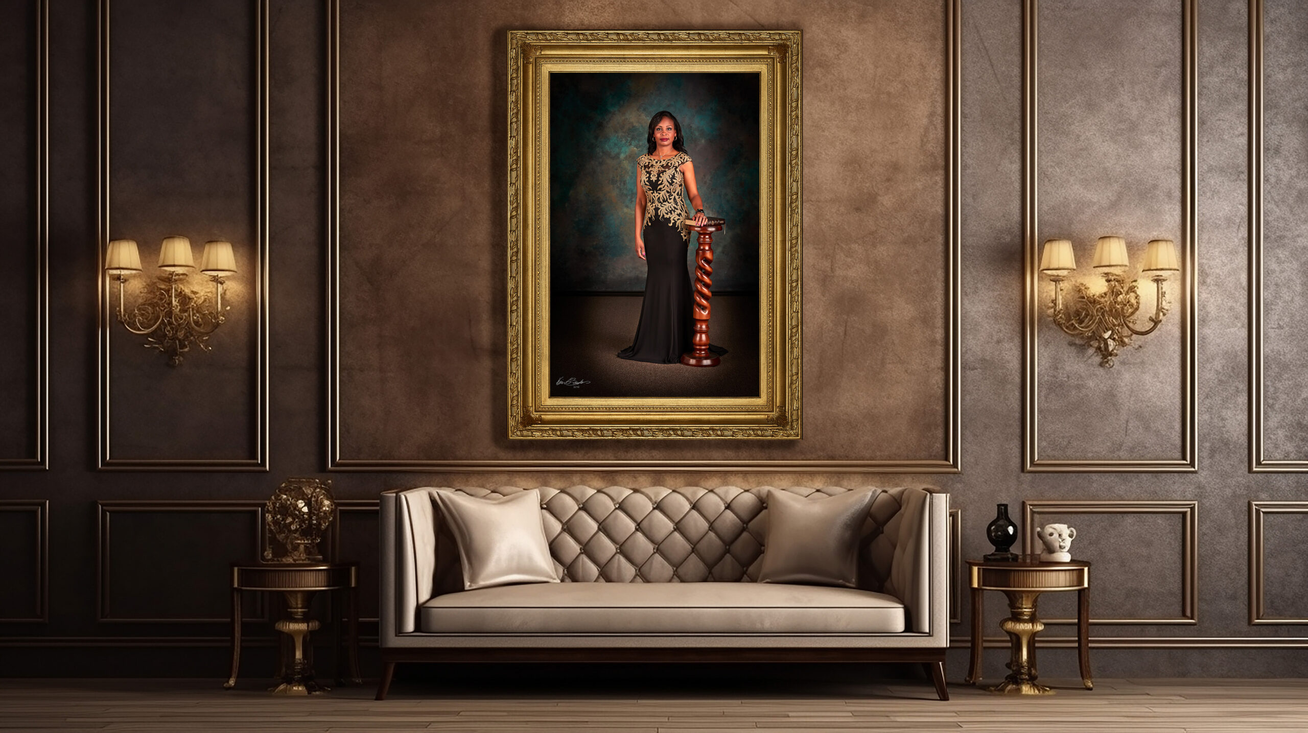 The framed fine art legacy portrait of Dr. Ivy R. Taylor, President of Huston-Tillotson University, hanging as a centerpiece in an elegant room.