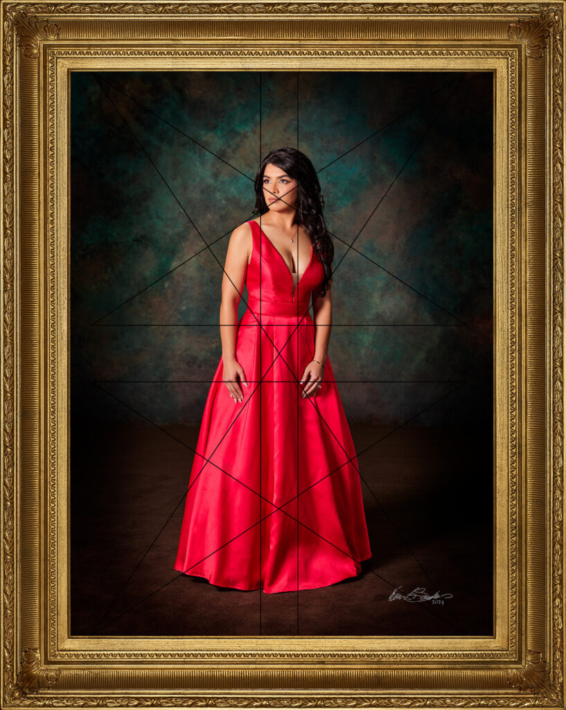 A full-length fine art portrait by Kevin G. Saunders with a Dynamic Symmetry grid overlay, demonstrating the classical artistic composition that creates movement and harmony.