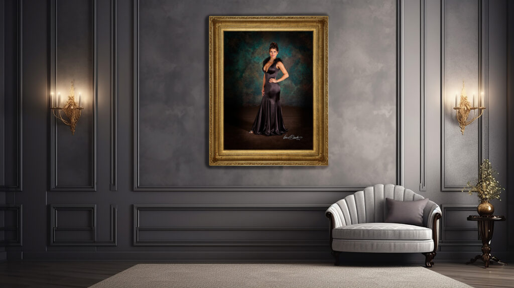 A large, framed fine art portrait by Master Artist Kevin G. Saunders hanging as a centerpiece in a client's beautifully designed living room.