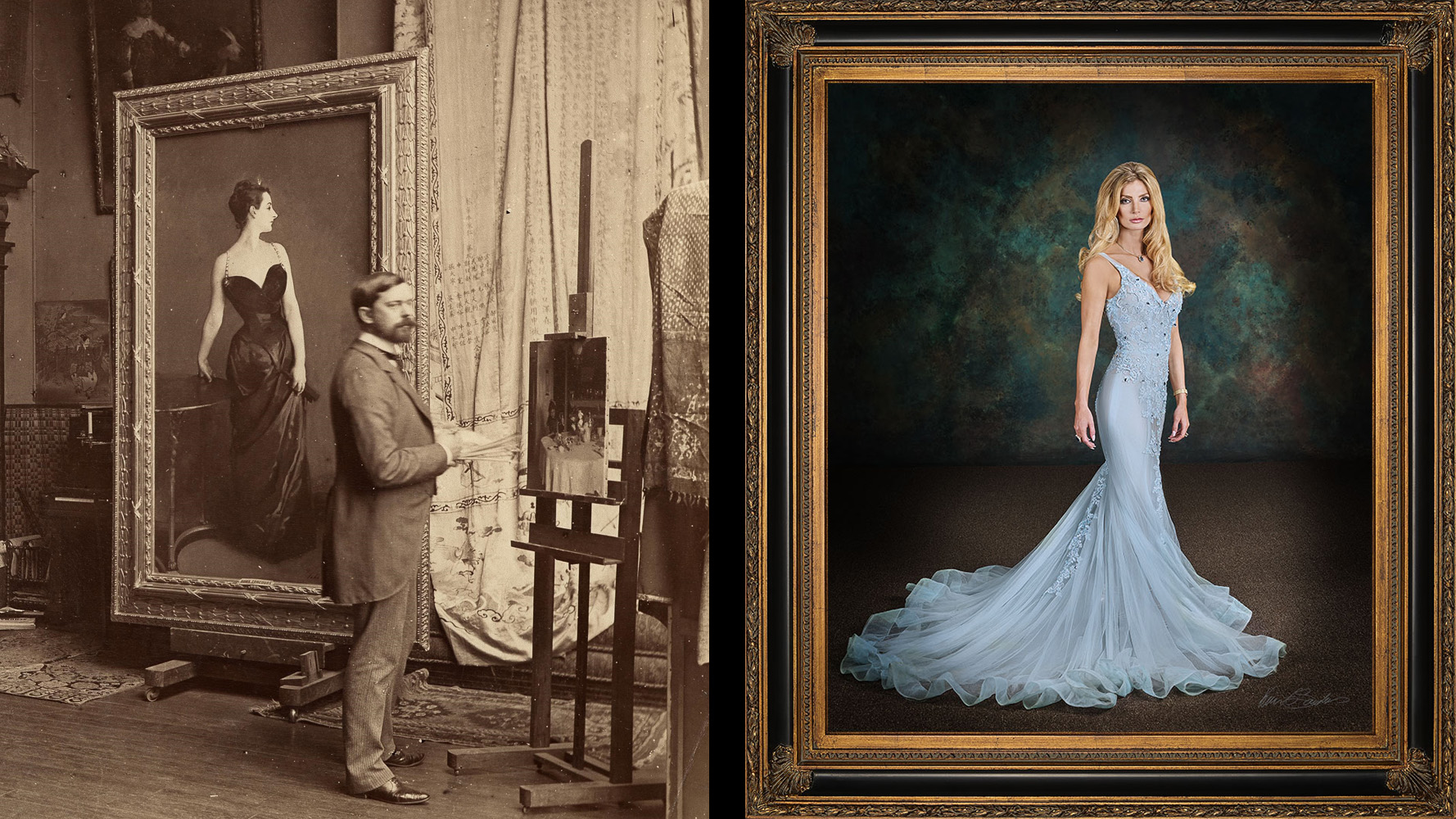 Side-by-side comparison of a John Singer Sargent painting and a fine art portrait in the same style by Kevin G. Saunders of KGS Studios.