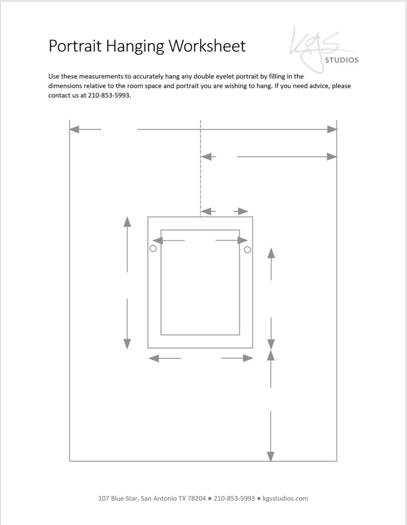 Preview image of the KGS Studios Portrait Hanging Worksheet PDF, showing a diagram with measurements for accurately hanging artwork.
