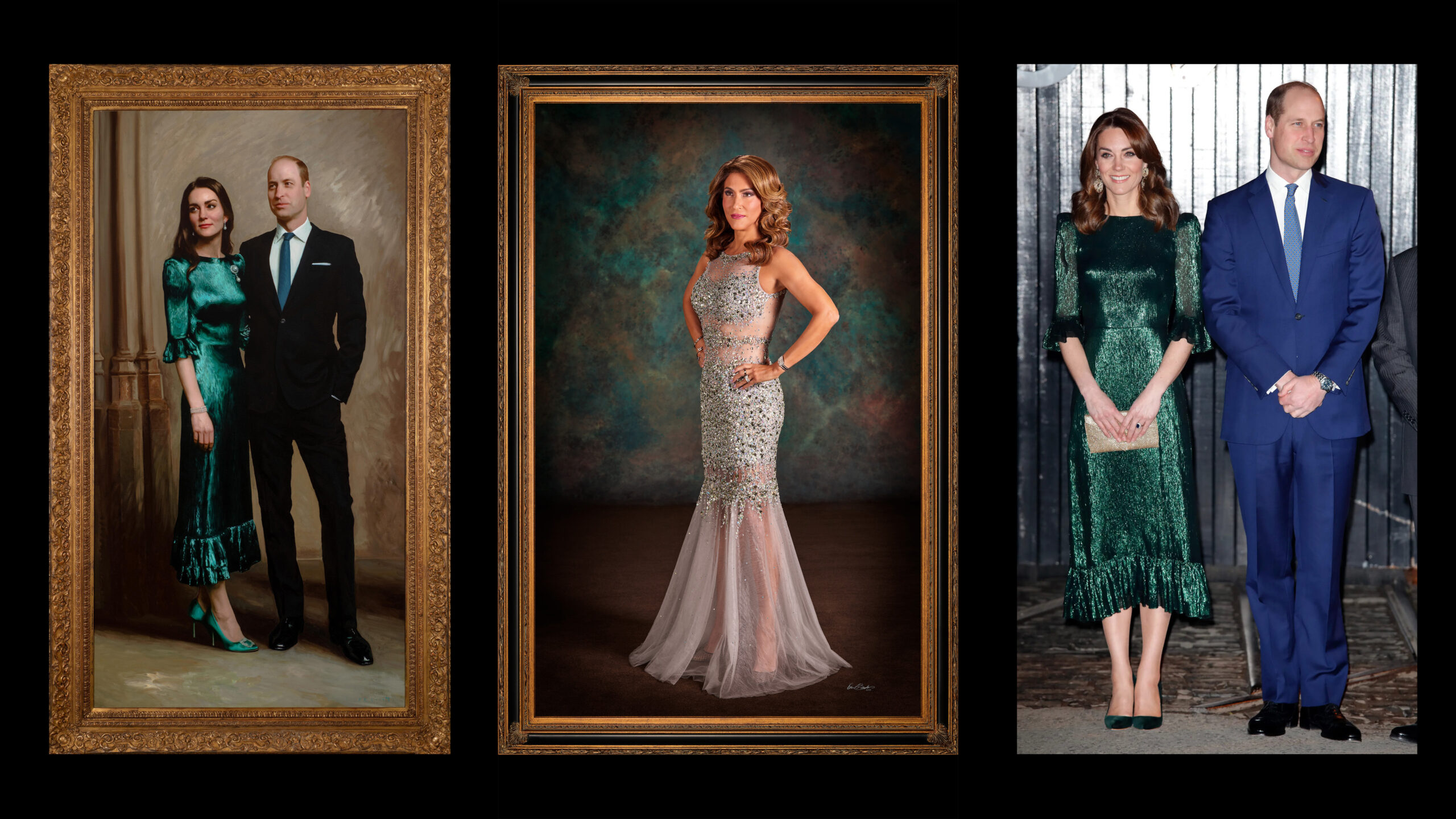 A triptych comparing the 2022 royal portrait of William and Kate to a KGS Studios masterpiece, 'Madame Tex.' The KGS portrait is centered, demonstrating a revelation of character that contrasts with the traditional royal commission and a real-life photo.