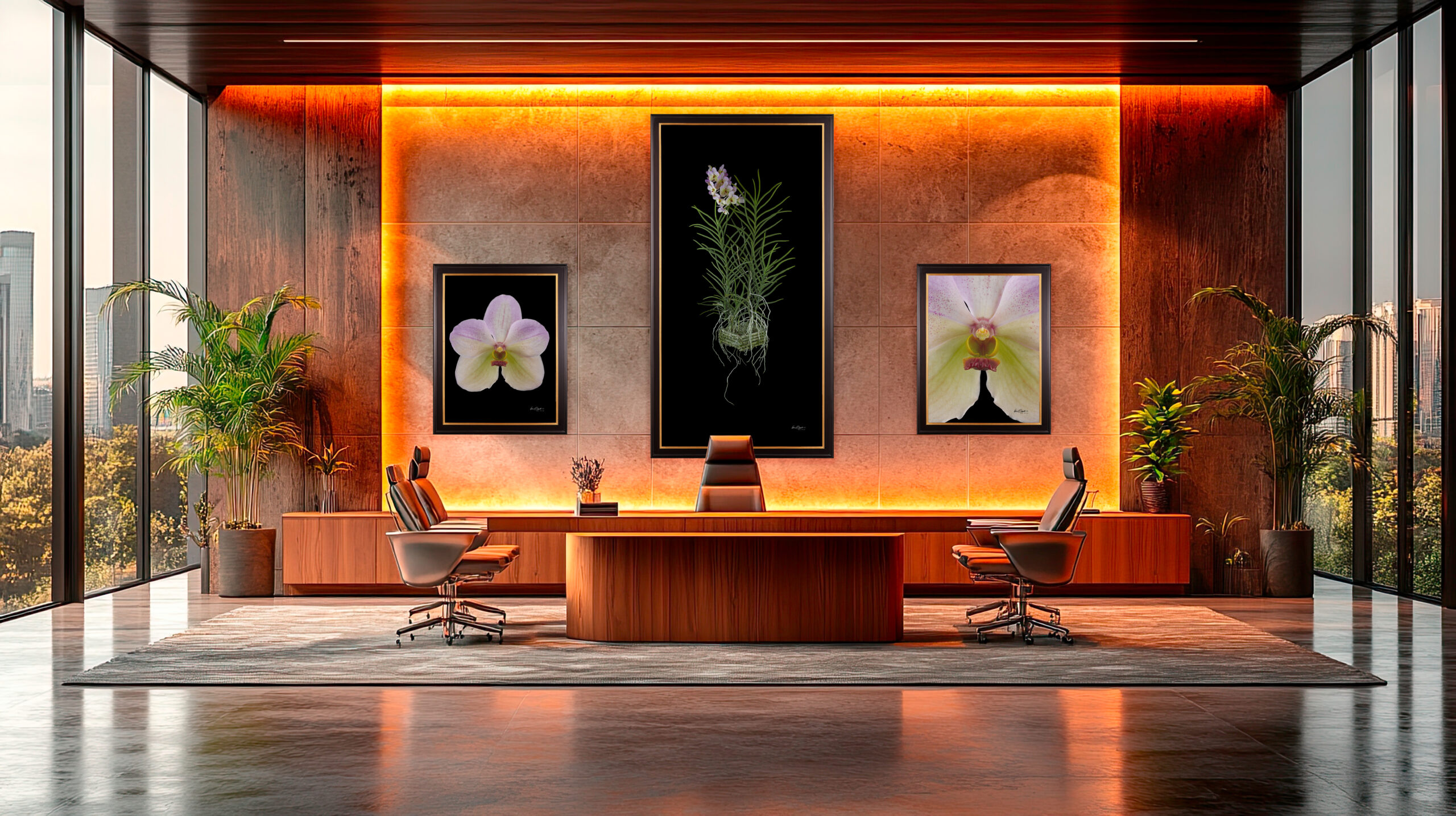 A large-scale orchid trio art installation on a in a modern corporate conference room above a long table.