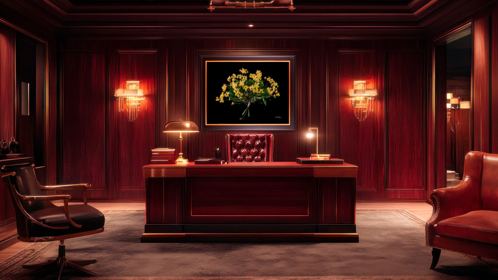 A framed yellow Dendrobium orchid print hung in a traditional executive office with mahogany wood-paneled walls.