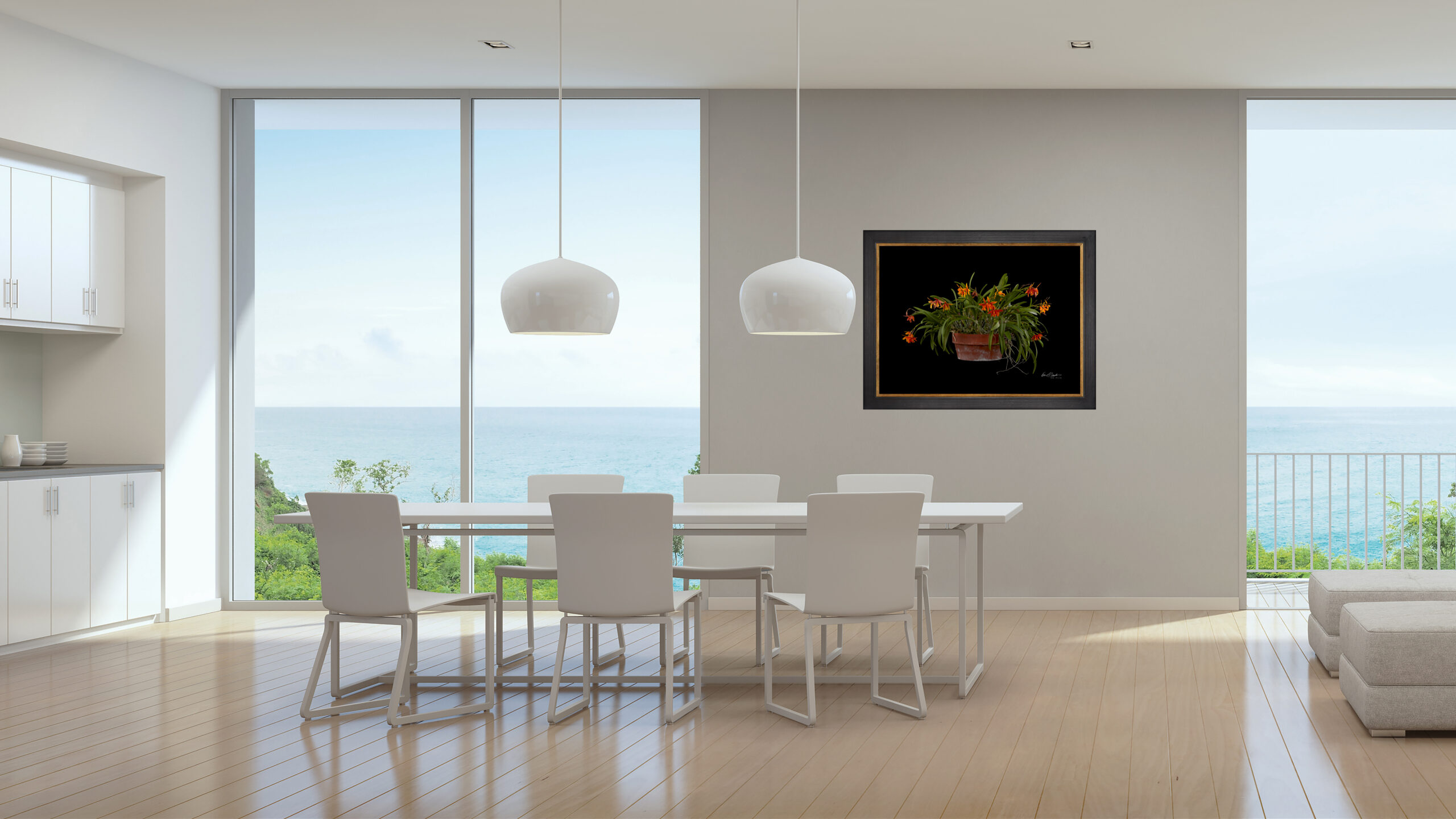 A KGS Studios Fine Art Orchid print of Potinara Hoku Gem 'Freckles' hangs in an airy beach home.